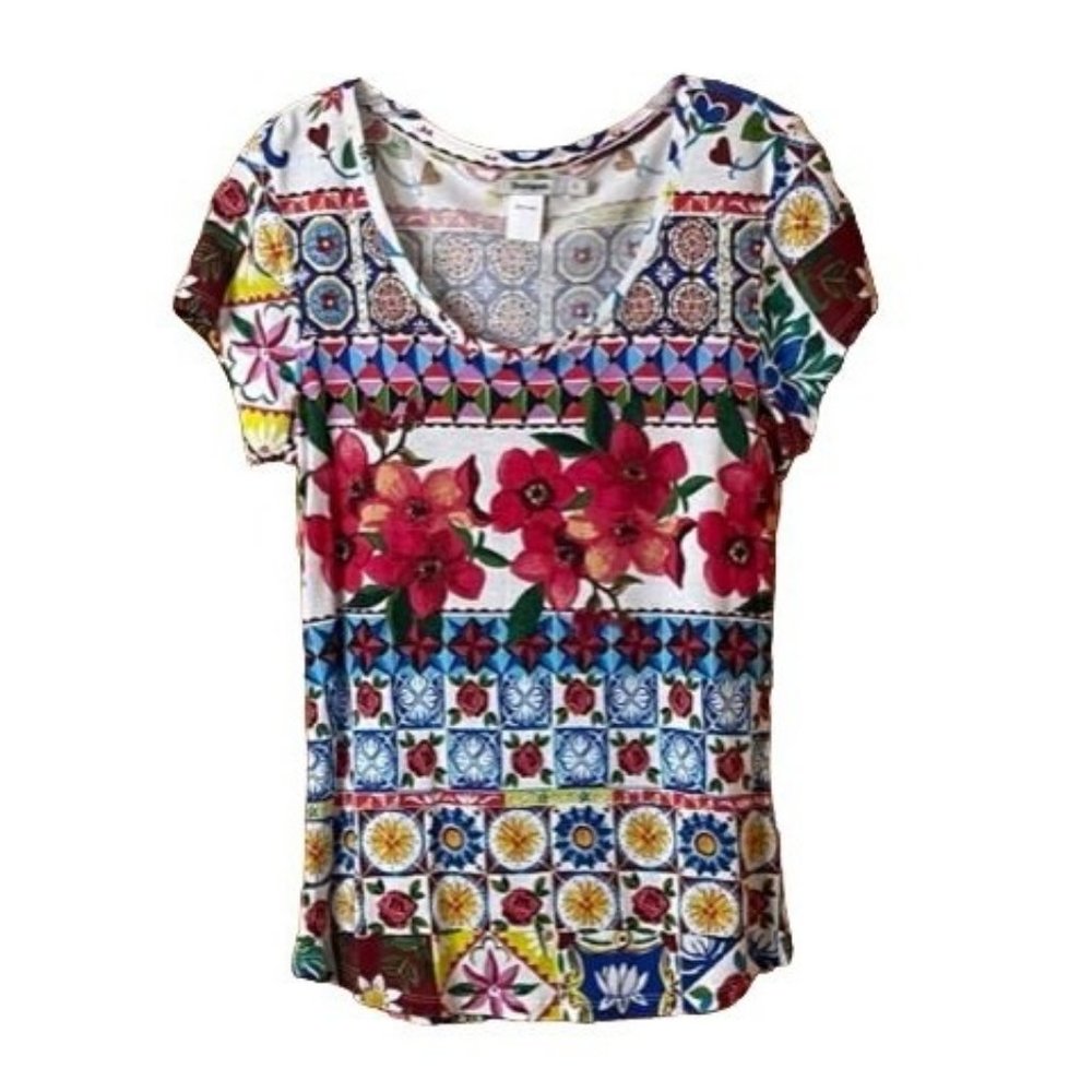 Desigual Floral Print Graphic T-Shirt Top Womens size Small